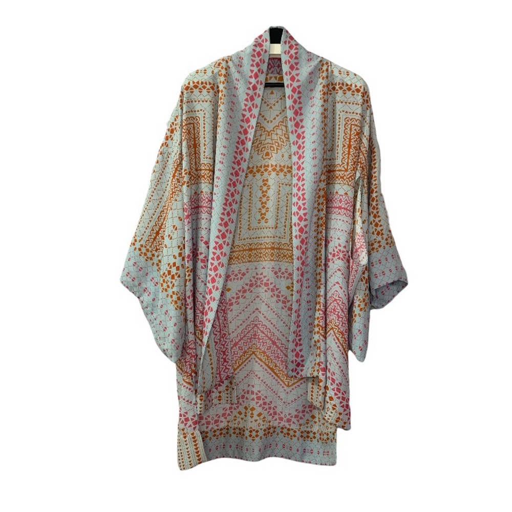 BCBG MaxAzria Kimono Blue Orange Pink XS/Small Geometric Open Arm Midi Length